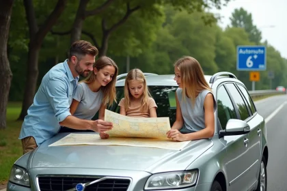 Famille en road trip consultant une carte autoroutière française dépliée sur le capot d'un break garé à une aire d'autoroute