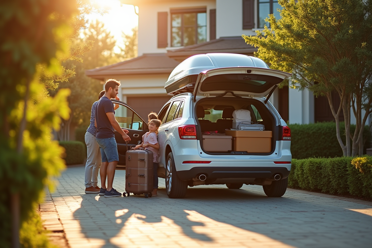 Famille chargeant des bagages dans une voiture avec roofbox en plein jour