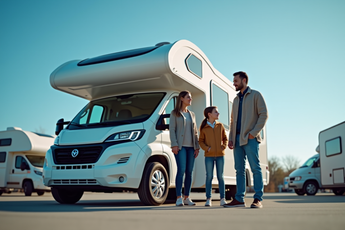 Famille devant un motorhome moderne au concessionnaire