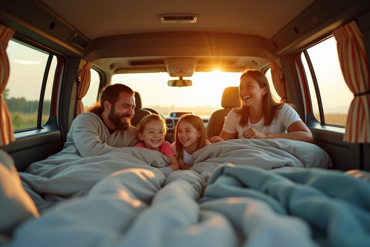 Famille heureuse dans un van spacieux au matin ensoleille