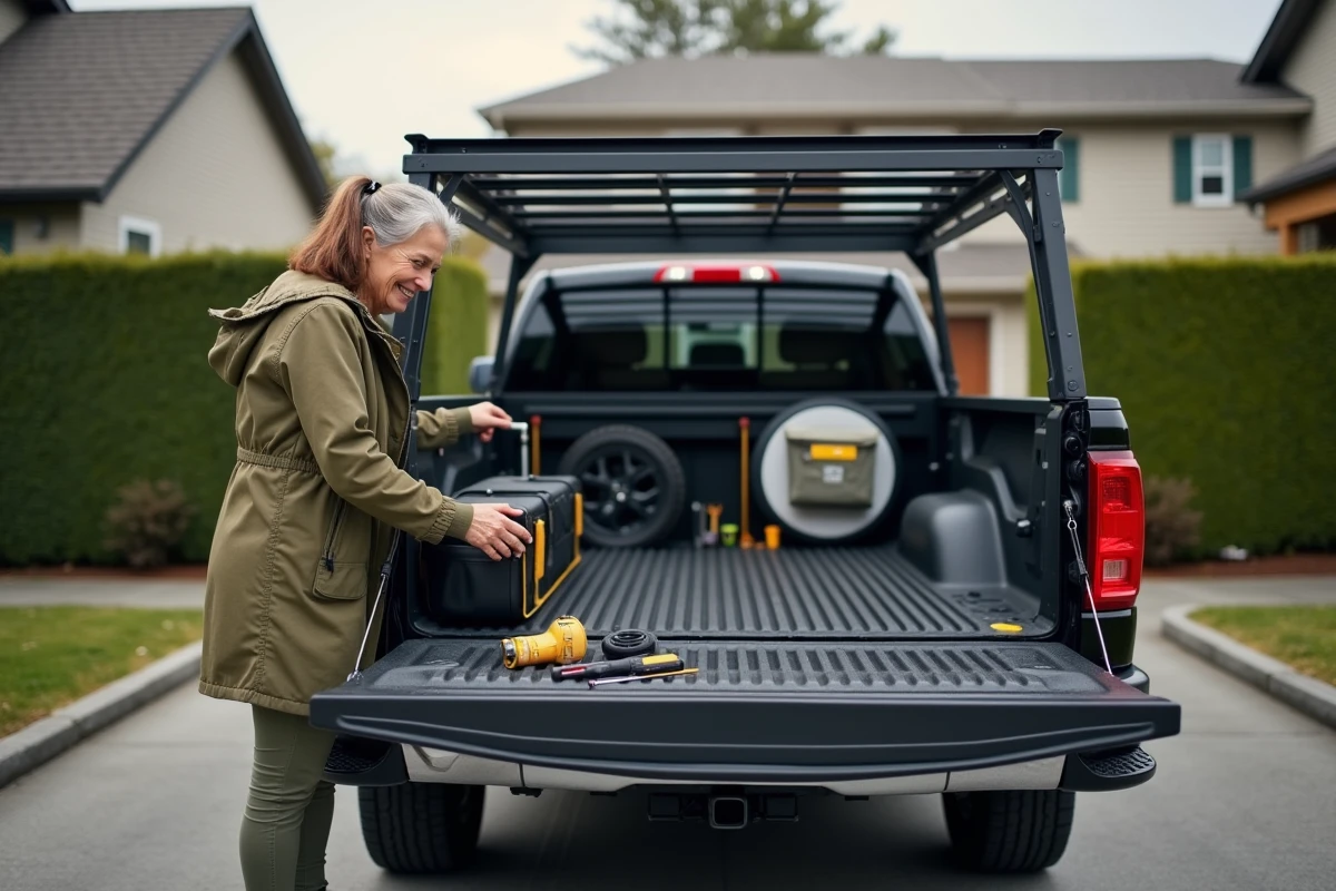 Femme installant un rack sur un pickup 2026 dans la cour