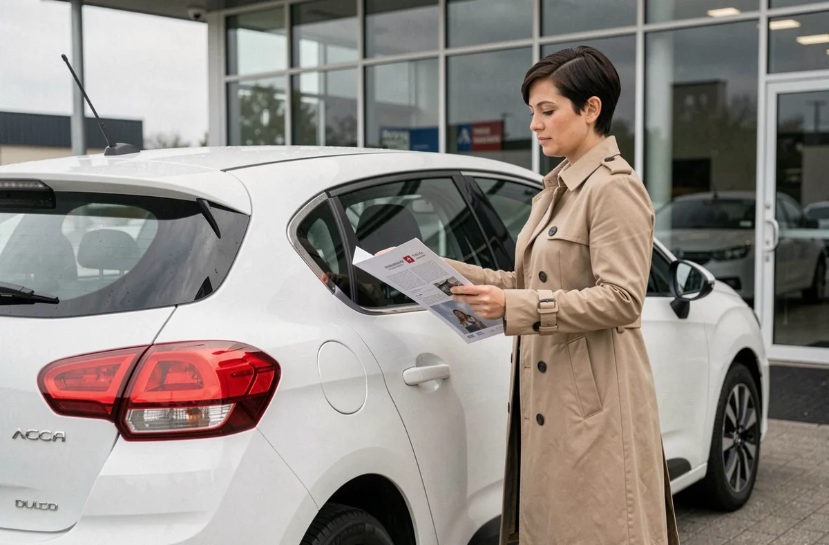 Femme examinant une Citroën C4 blanche dans une concession automobile