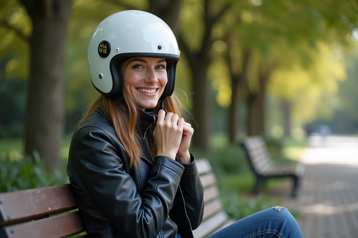 Femme ajustant son casque moto en extérieur