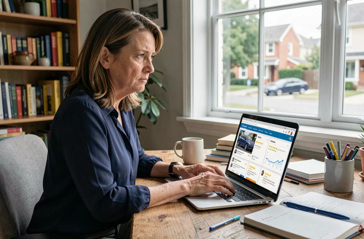 Femme consultant un avis sur le site Zeperf depuis son ordinateur portable pour vérifier la fiabilité des estimations automobile