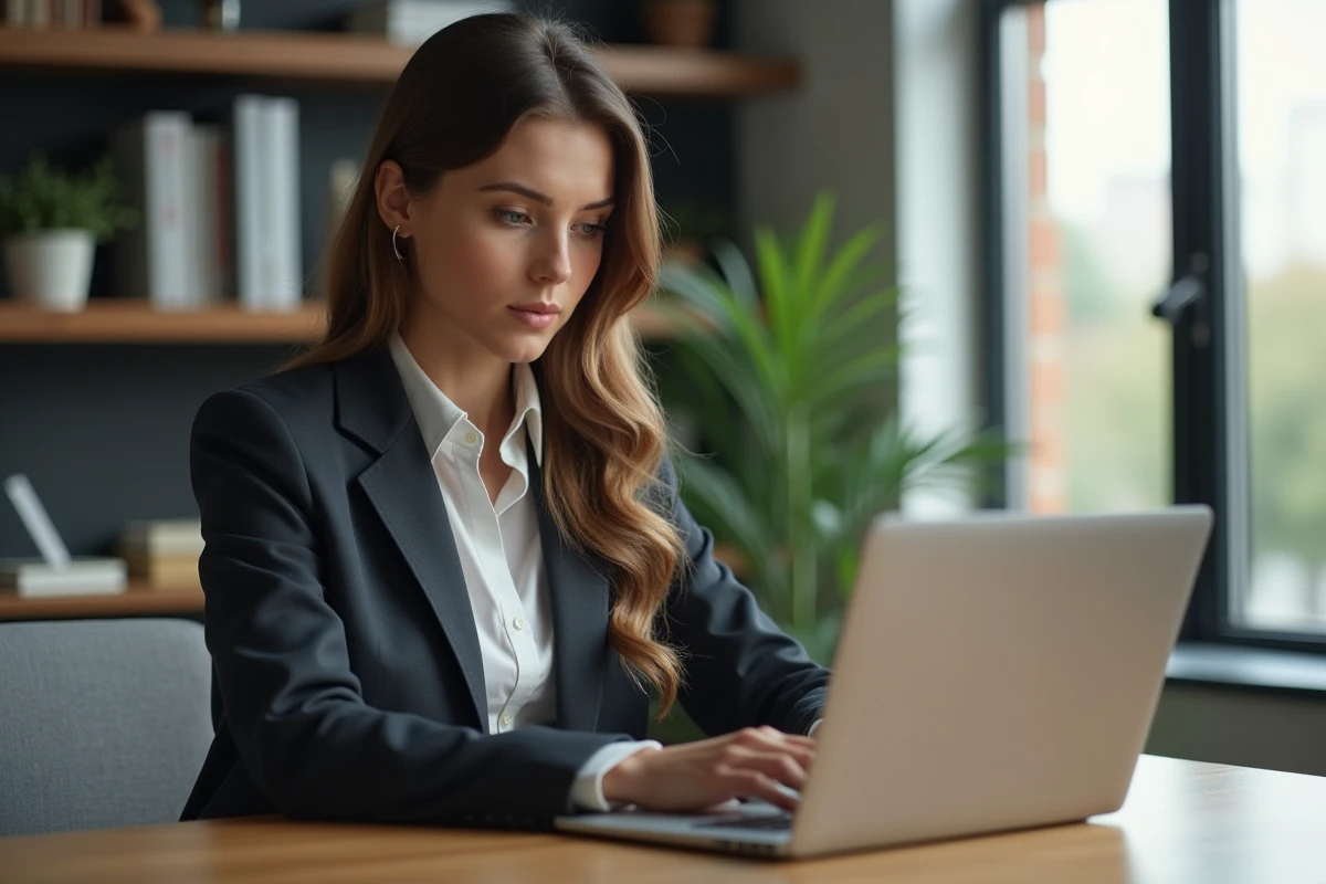 Jeune femme en costume consultant un avis sur un ordinateur portable