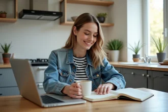 Jeune femme souriante devant son ordinateur dans la cuisine