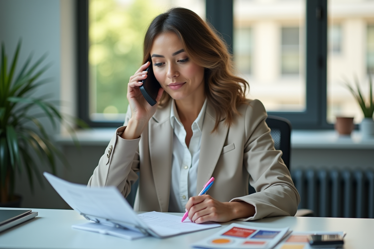 Femme élégante au bureau parlant au téléphone avec brochure sécurité routière