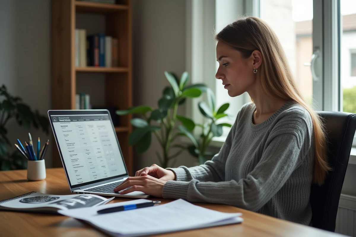 Femme utilisant un calculateur de taille de pneu en ligne sur un ordinateur portable dans un bureau à domicile
