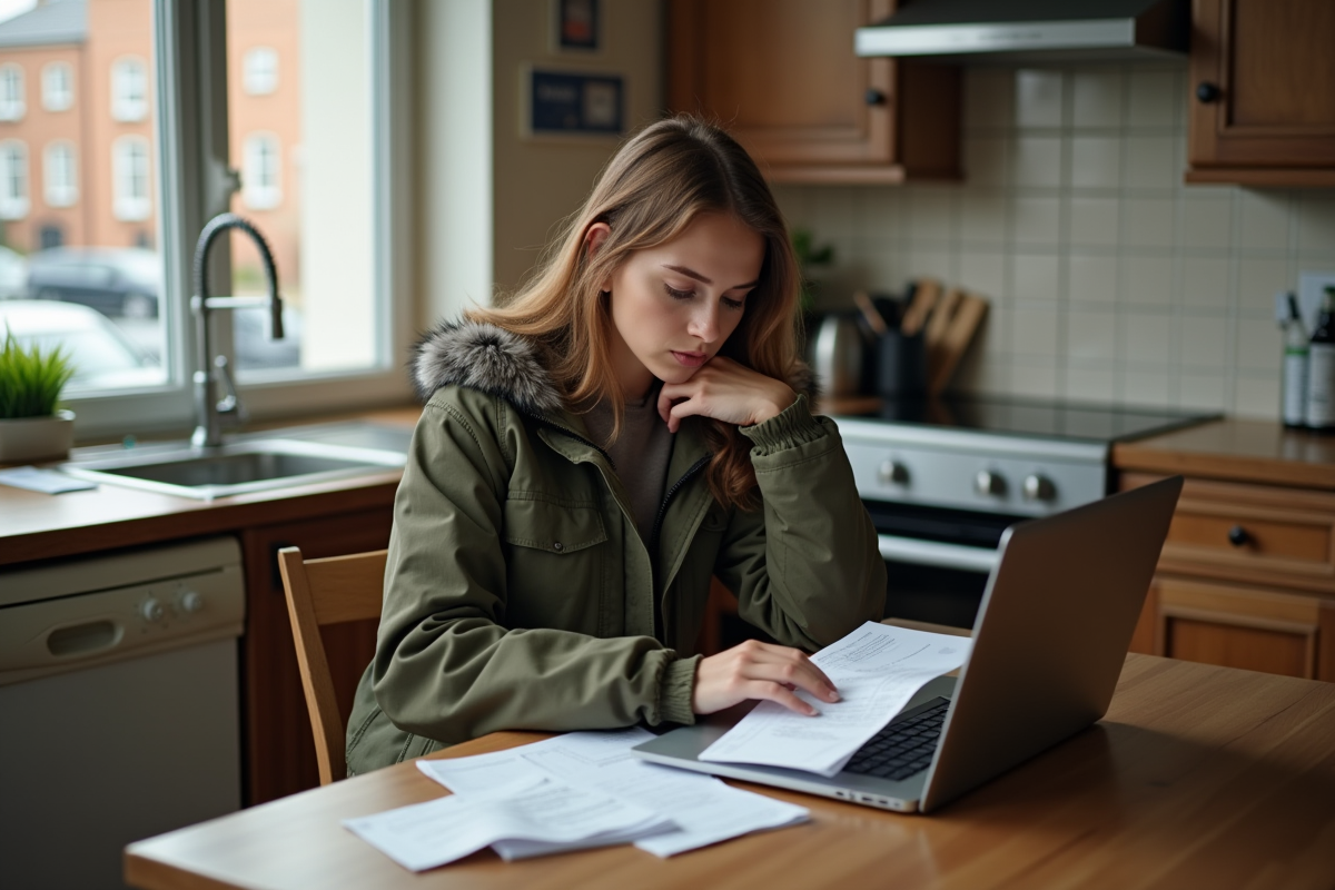 Jeune femme calculant le coût d un quad en cuisine