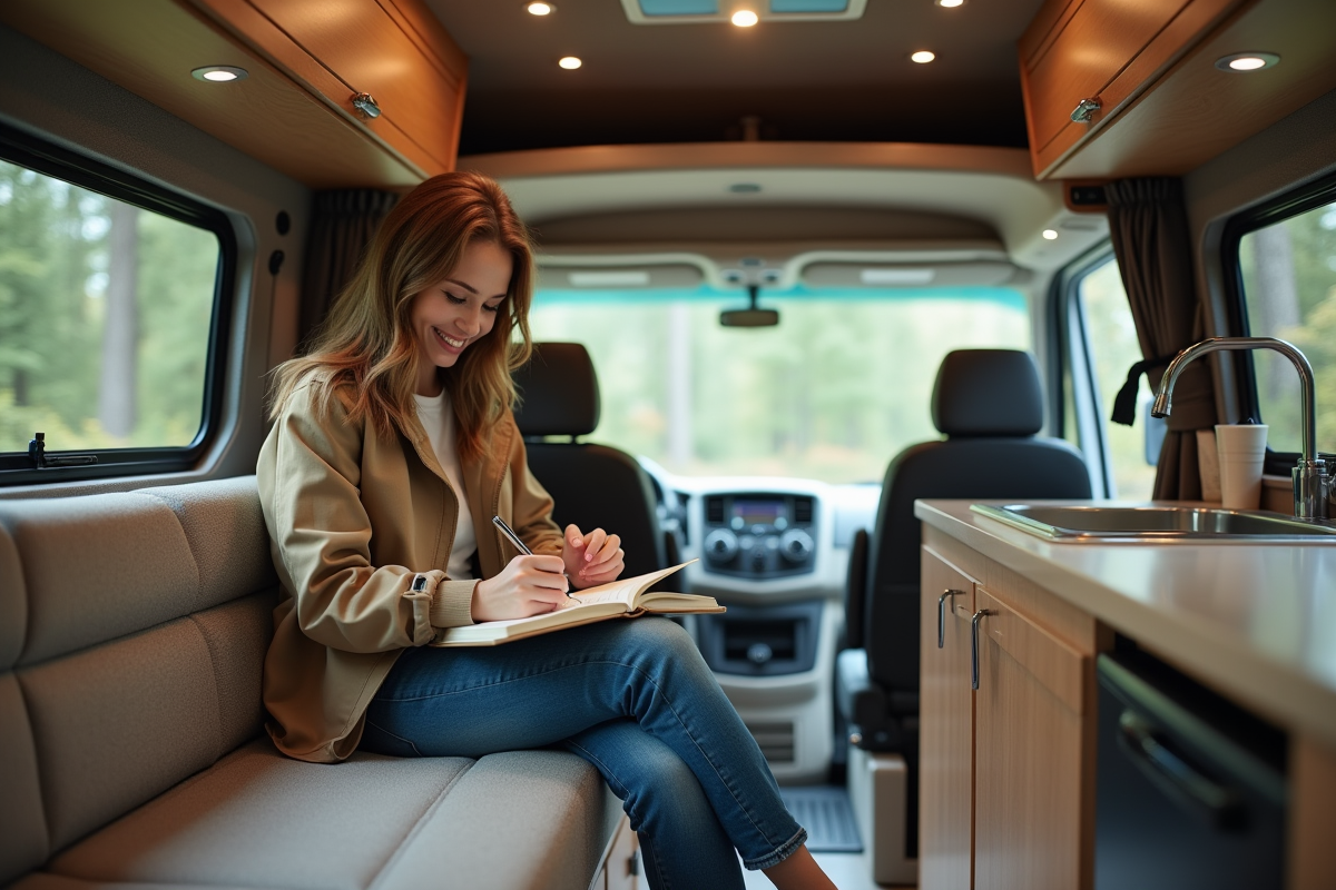 Jeune femme écrivant dans un journal à l