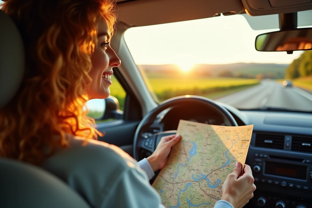 Femme consultant une carte autoroutière française depuis le siège passager d'une voiture roulant sur l'autoroute avec paysage de vignobles en arrière-plan