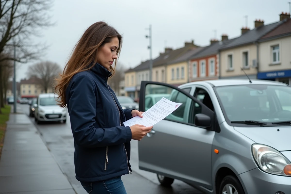 Femme consultant ses documents de carte grise à côté de sa voiture dans un parking urbain près de Houilles