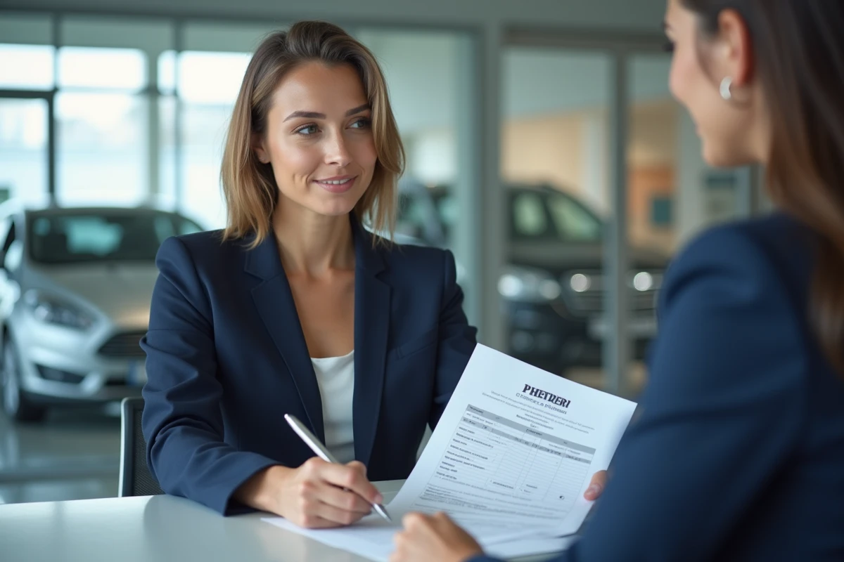 Femme en concession automobile consultant une carte grise avec la case chevaux fiscaux sur le bureau