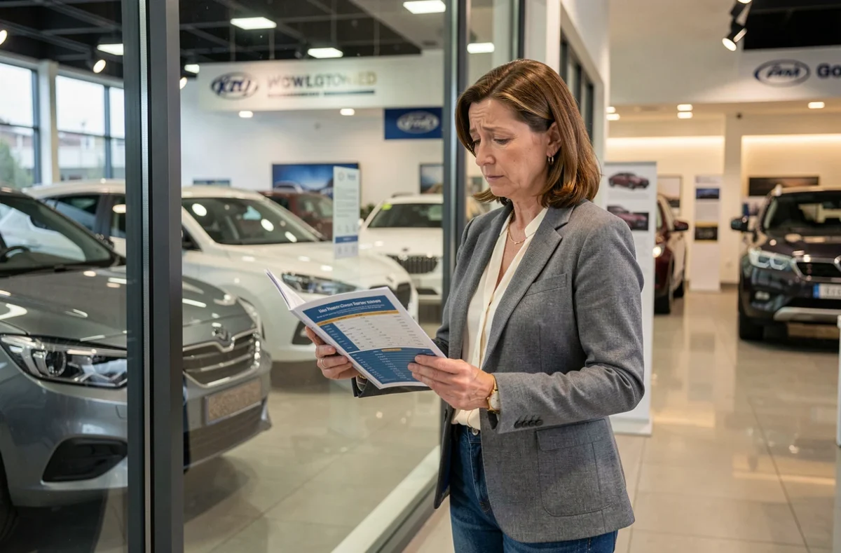 Femme comparant les puissances en chevaux fiscaux de plusieurs voitures dans une concession automobile