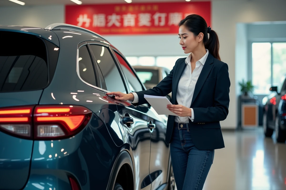Femme examinant un SUV de marque chinoise dans une salle d'exposition automobile, tenant une brochure commerciale