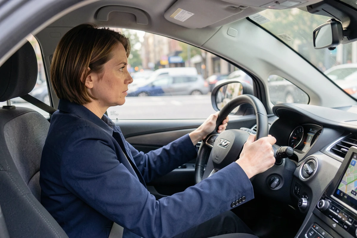Femme concentrée au volant d'une voiture en ville, adoptant une conduite sécurisée et fluide