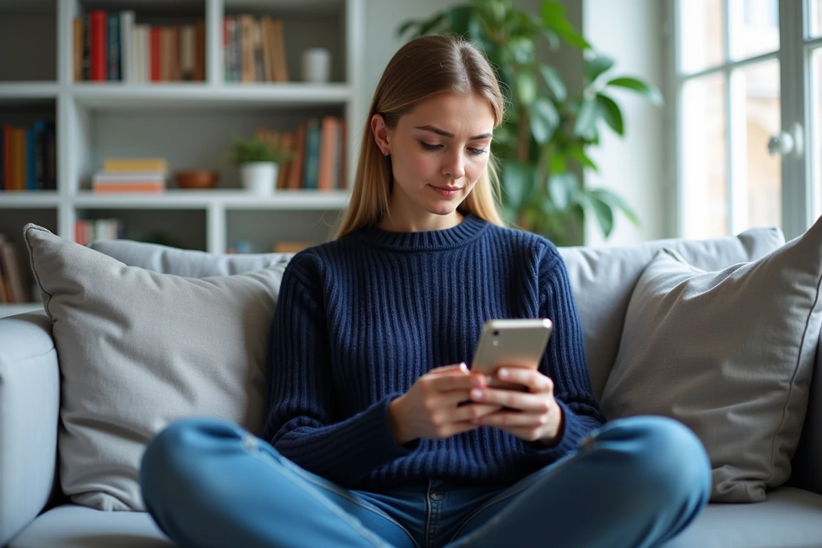 Femme consultant une annonce payante Leboncoin sur smartphone avec une expression perplexe