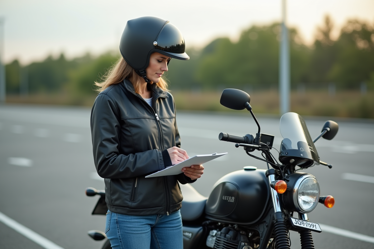 Femme vérifie une moto 125cc avec une checklist