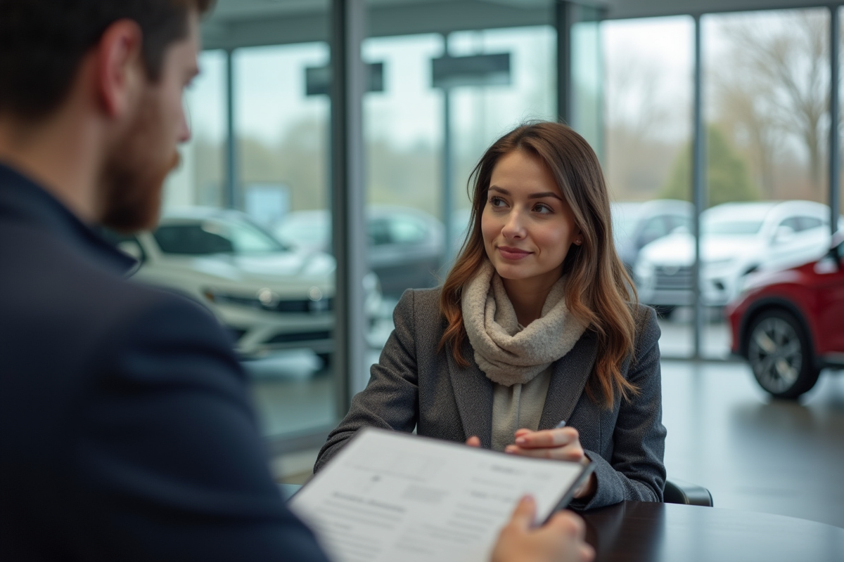 Femme jeune lisant des documents dans un concessionnaire