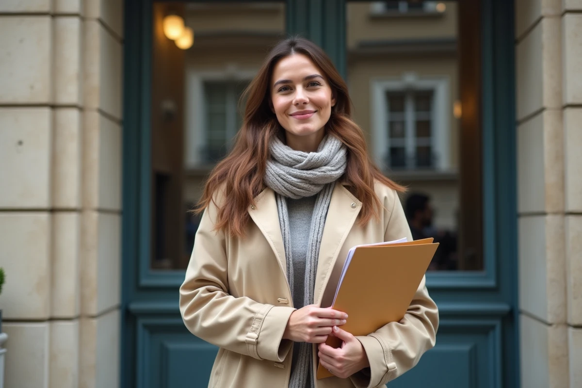 Jeune femme souriante devant un bâtiment administratif français