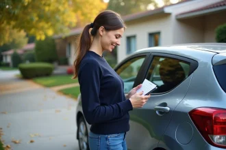 Femme souriante avec voiture familiale dans la rue