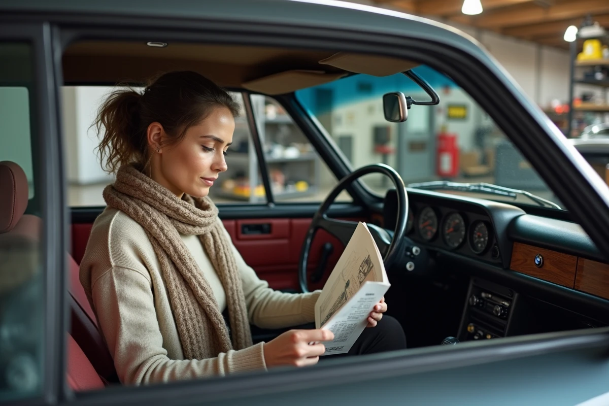 Femme dans un garage avec une BMW CSL en fond
