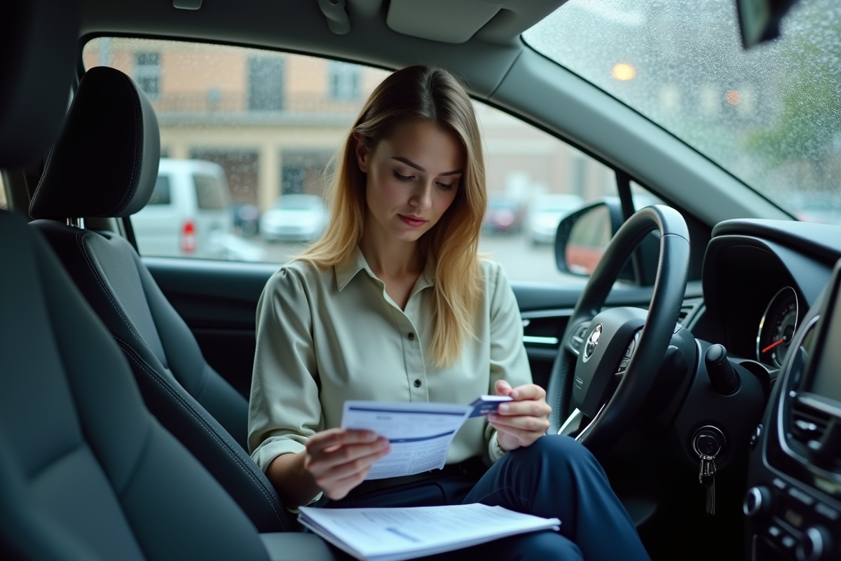 Jeune femme lisant documents d