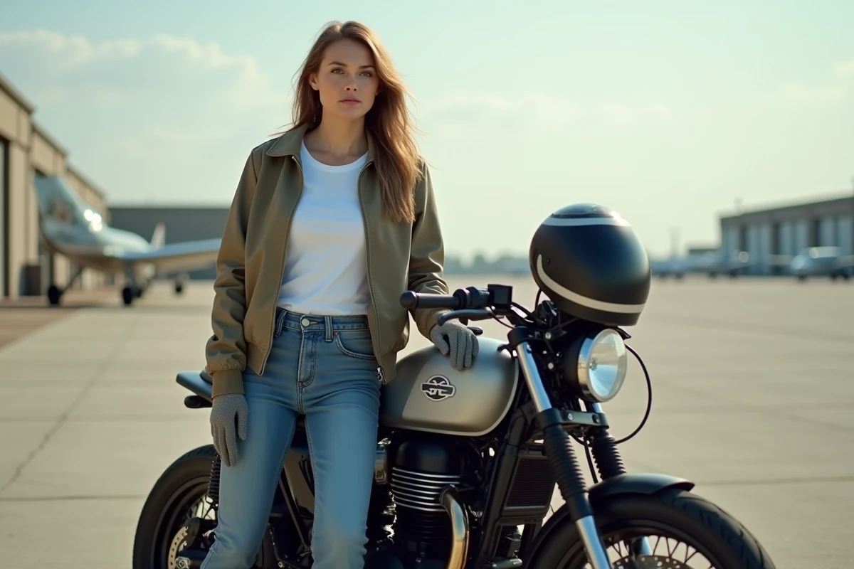 Femme avec moto moderne dans un parking aéronautique