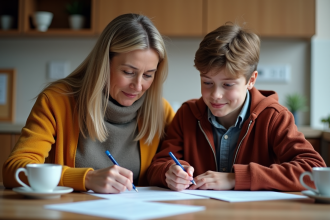 Femme d'âge moyen avec son fils dans la cuisine pour remplir l'assurance