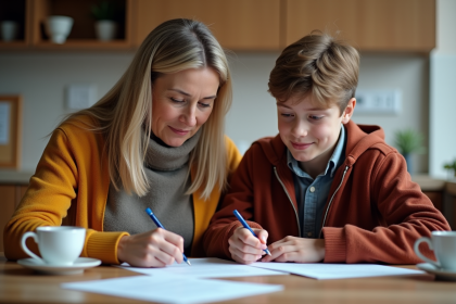 Femme d'âge moyen avec son fils dans la cuisine pour remplir l'assurance
