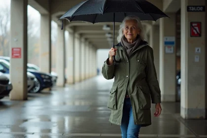 Femme en imperm&eacute;able marchant vers parking Versailles