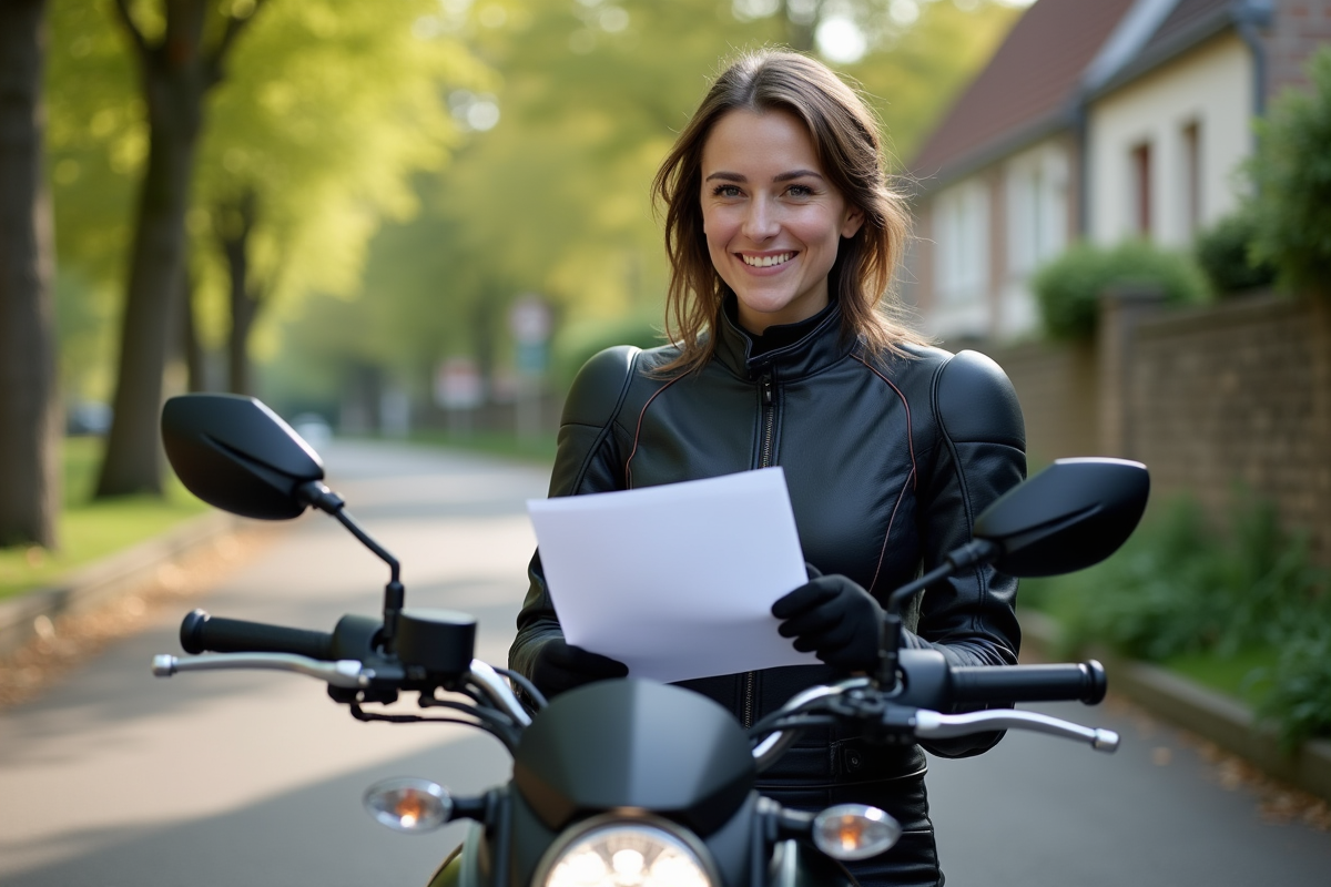 Femme vérifiant son permis à côté de sa moto en banlieue
