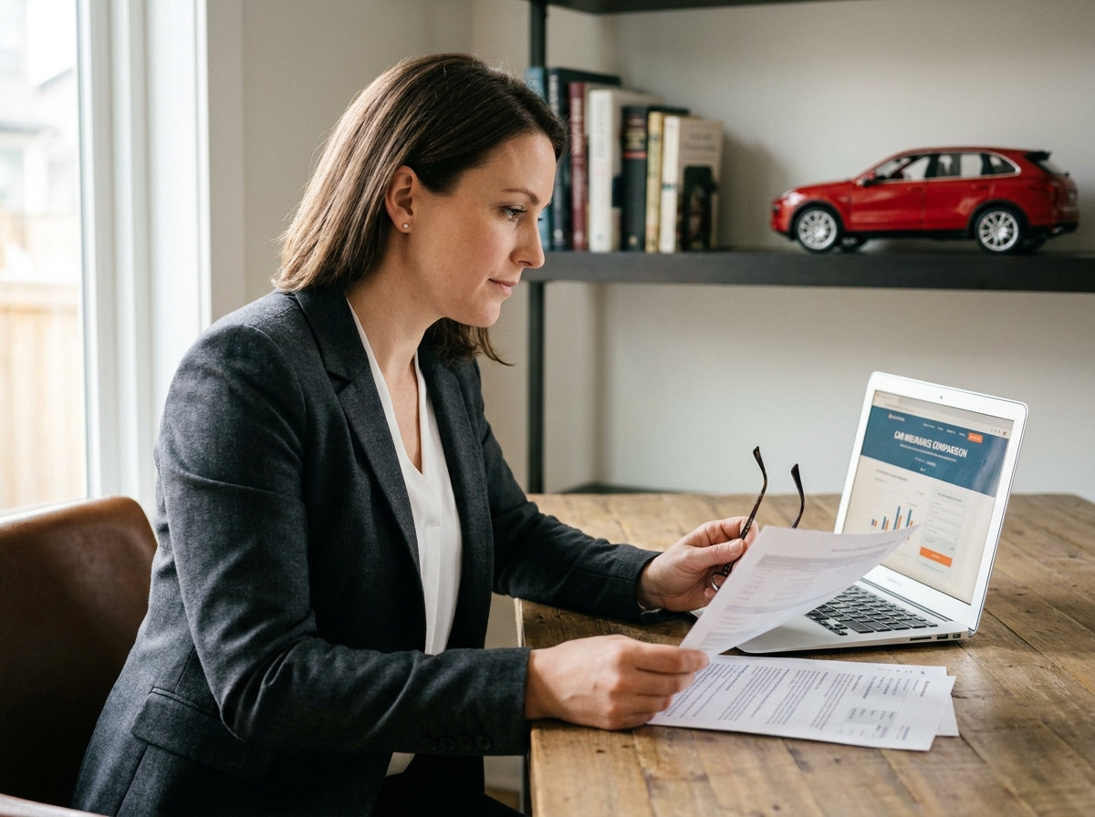 Femme propriétaire d'une Porsche consultant des documents d'assurance auto à son bureau à domicile