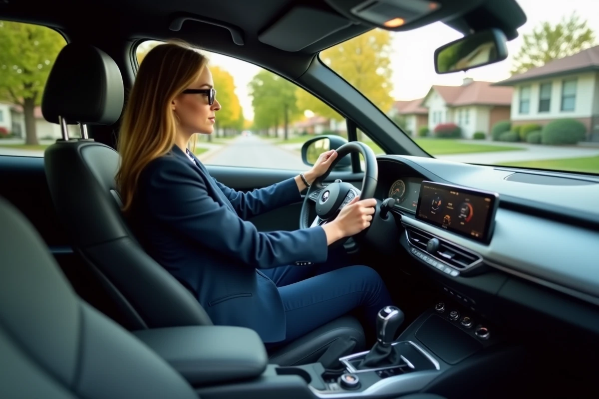 Jeune femme professionnelle assise dans une voiture moderne