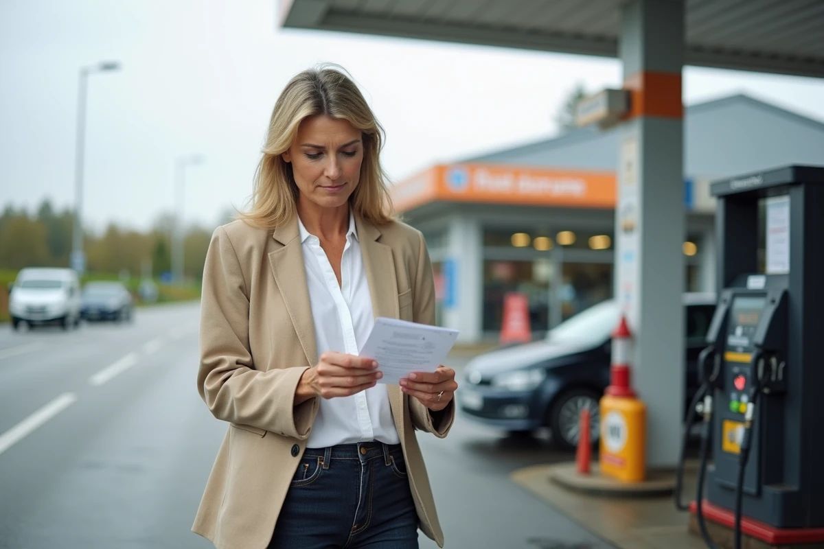 Femme analysant un reçu de carburant dans une aire d'autoroute pour estimer le coût de son trajet