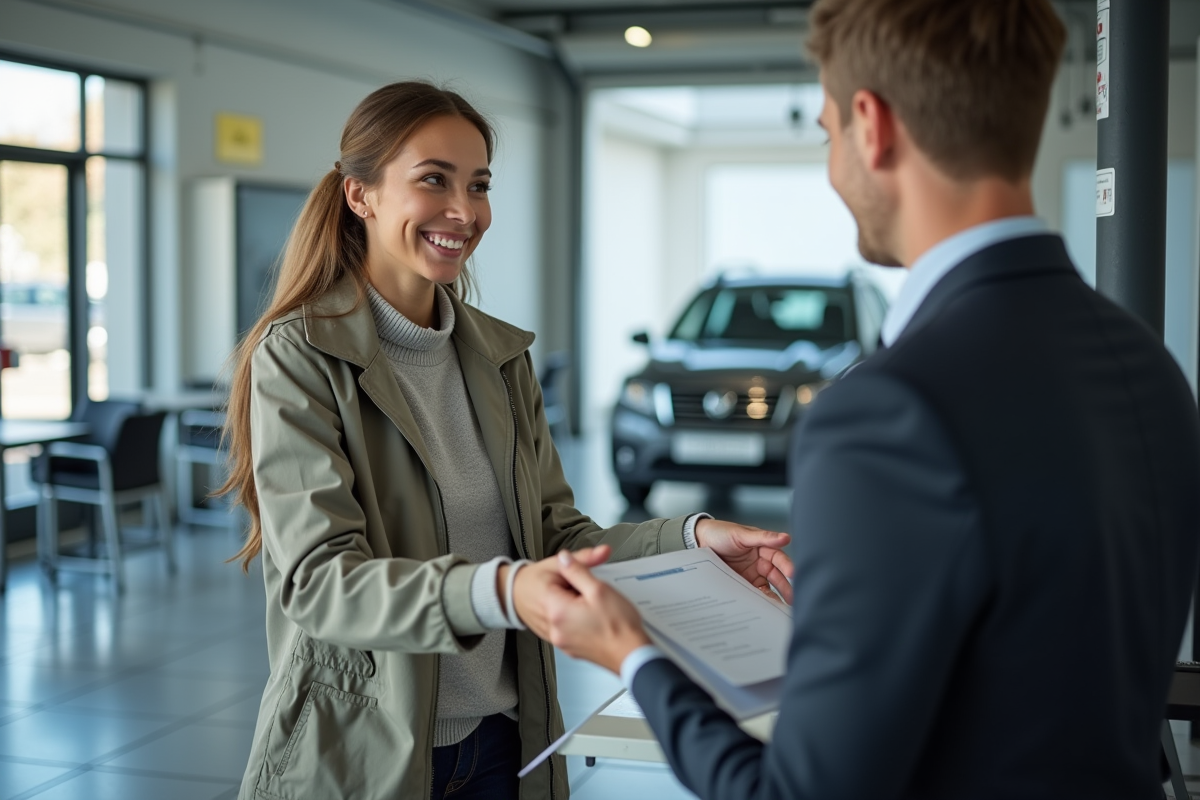 Jeune femme remettant des documents à un agent au centre de contrôle