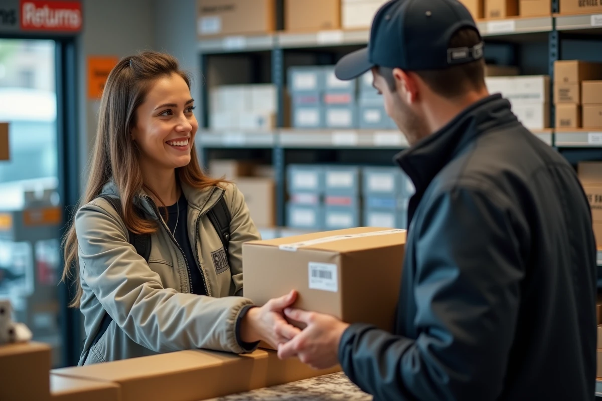 Femme remettant un colis auto dans un magasin de pi&egrave;ces