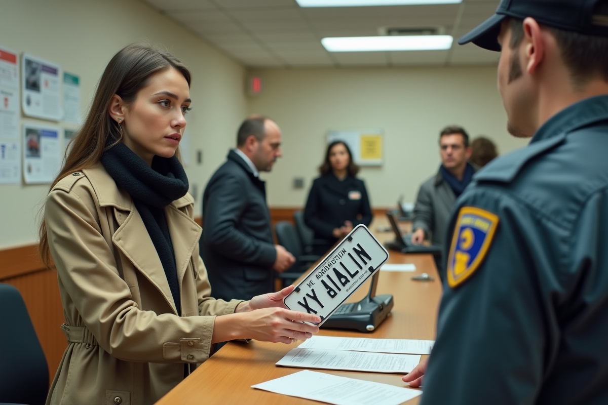 Femme remettant ses anciennes plaques à un agent