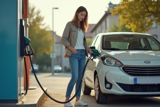 Jeune femme faisant le plein de sa voiture à une station essence à Mille