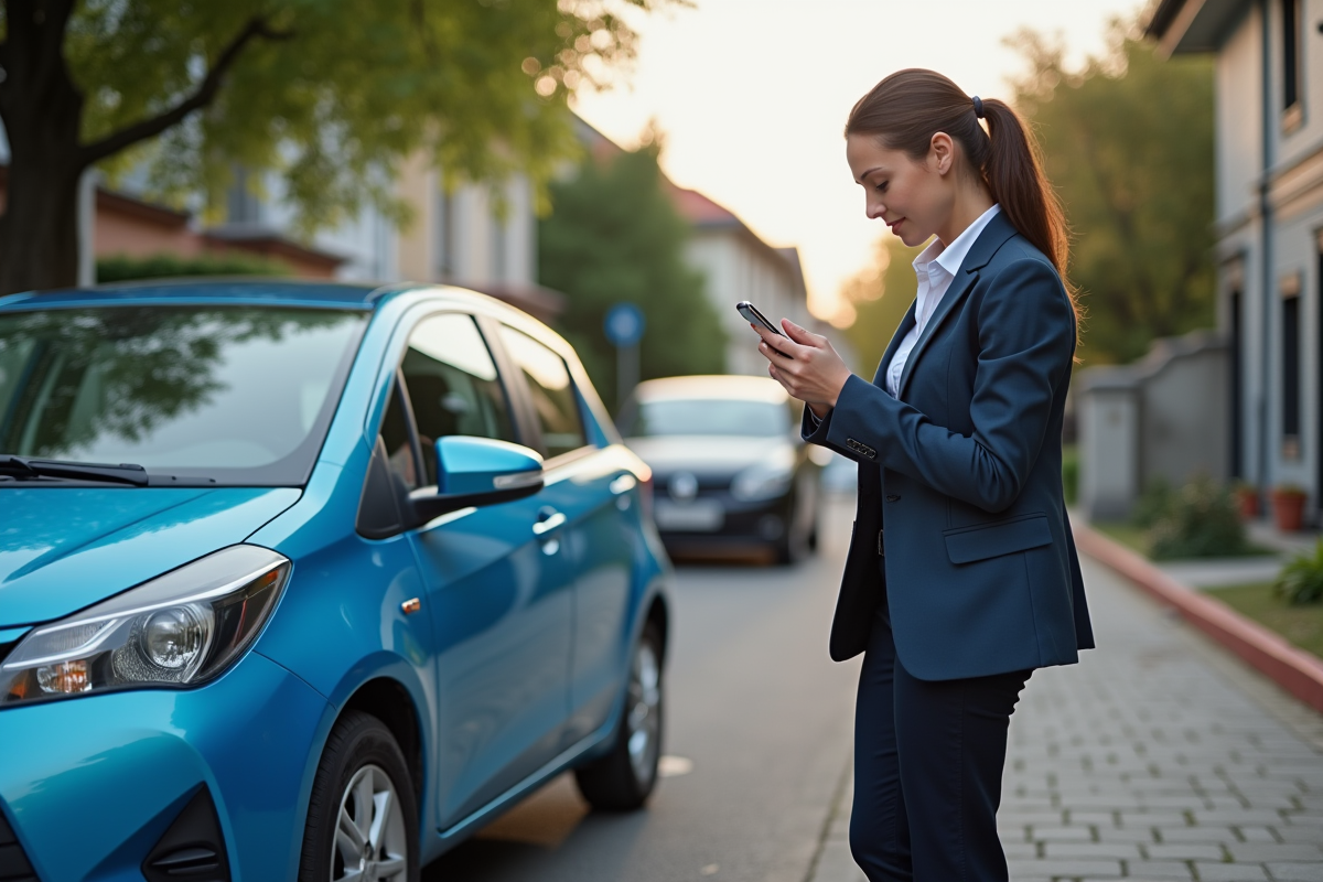 Jeune femme documentant une éraflure sur sa voiture en ville