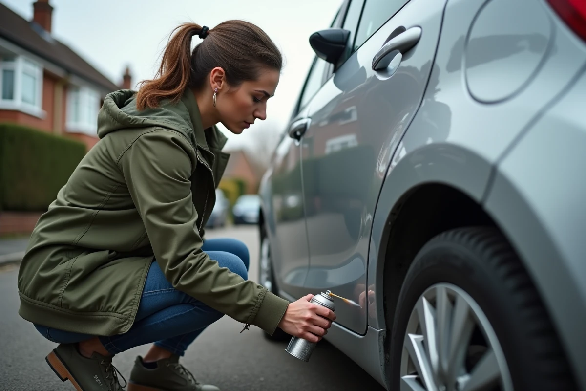 Femme appliquant une bombe de retouche peinture sur des éclats de gravillons sur la portière d'une voiture argentée dans une allée résidentielle