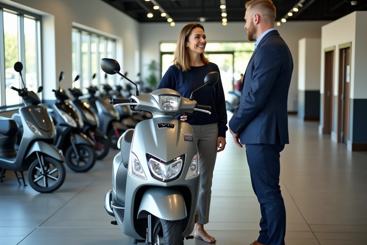 Femme souriante parlant avec vendeur devant scooter en showroom