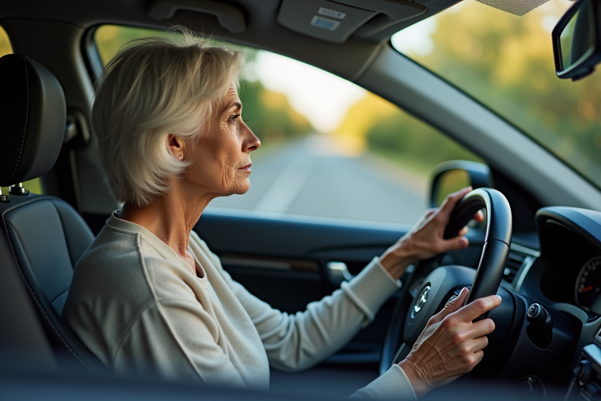 Femme senior assise dans sa voiture en réflexion
