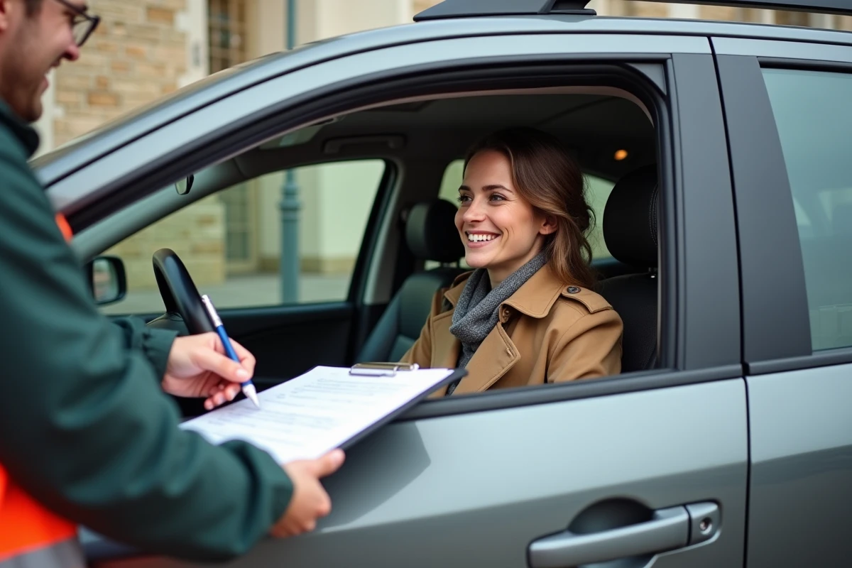Jeune femme signe un formulaire dans une voiture Aztek