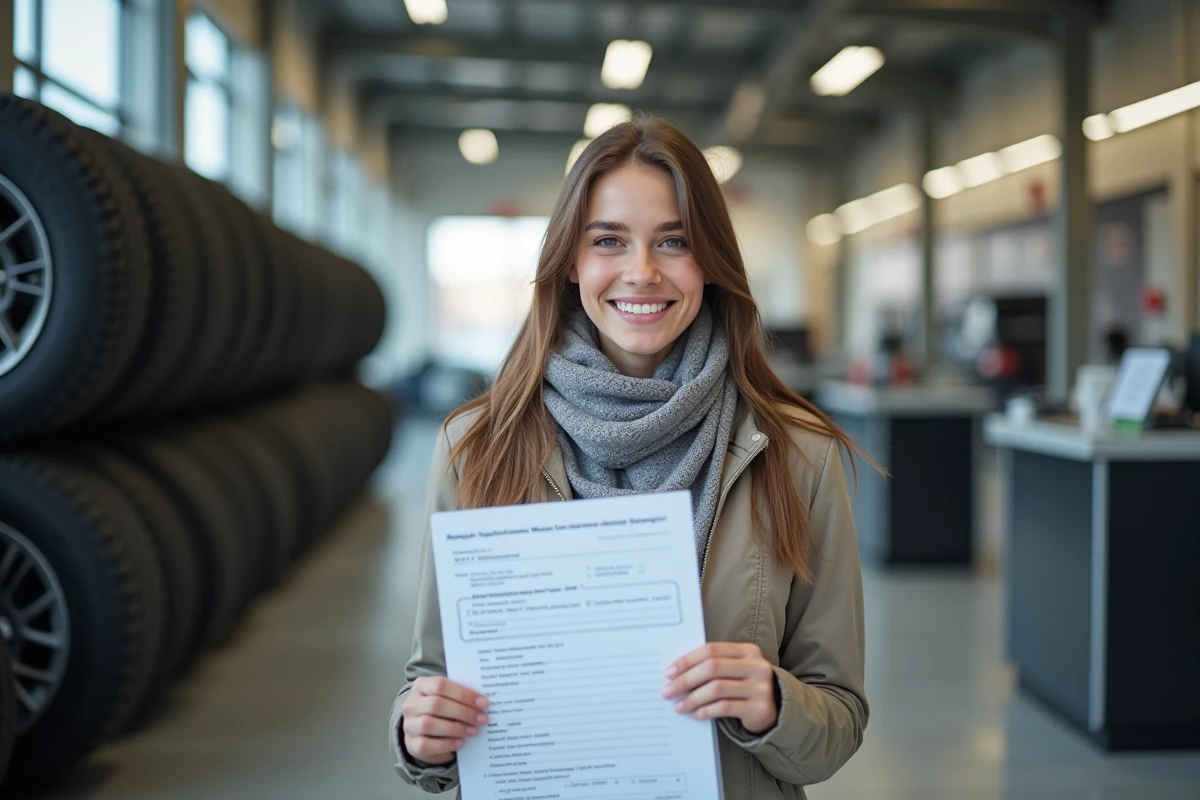 Femme souriante tenant un sondage dans un atelier auto