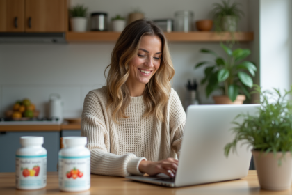 Femme souriante avec des compl&eacute;ments alimentaires