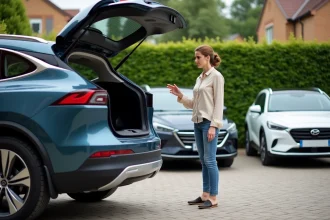 Femme regardant le coffre d'un SUV électrique moderne