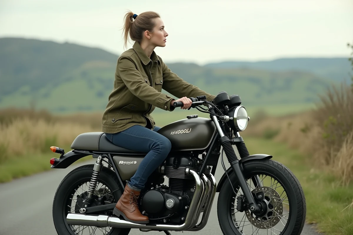 Femme en ext&eacute;rieur sur une Kawasaki KZ400J customis&eacute;e