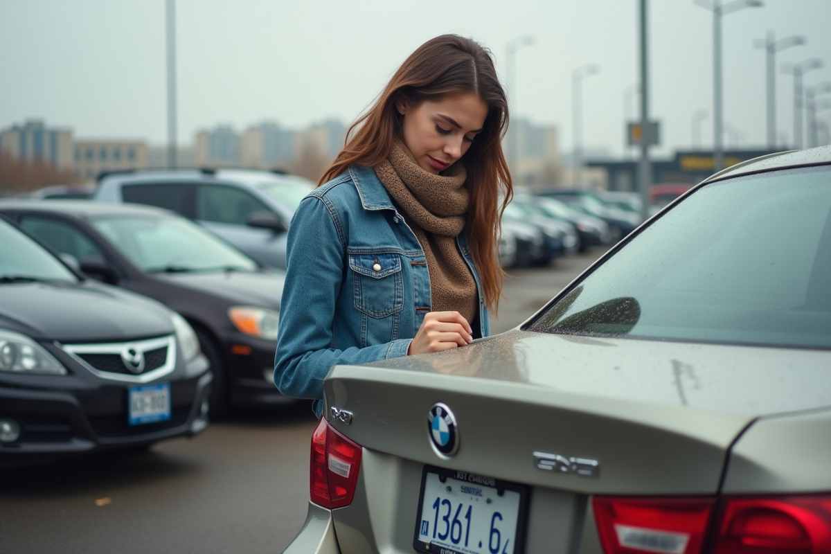 Jeune femme inspectant une plaque d immatriculation de voiture