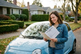 Femme souriante avec papiers d'assurance voiture compacte